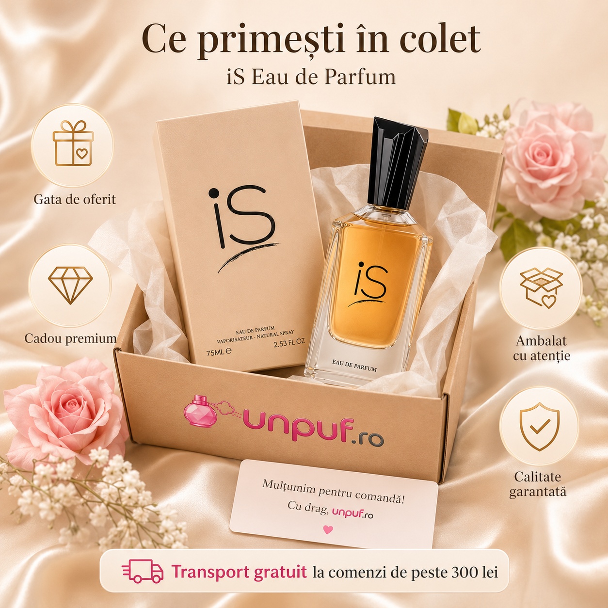 Ce primești în colet IS Fragrance World parfum 75 ml ambalat cu atenție și pregătit pentru cadou