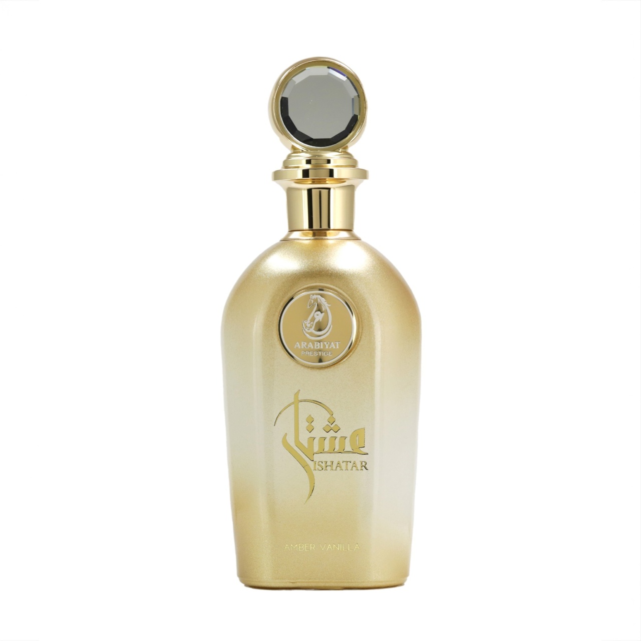 Sticlă parfum Ishatar Amber Vanilla Arabiyat Prestige 110ml pe fundal alb, parfum arabesc unisex