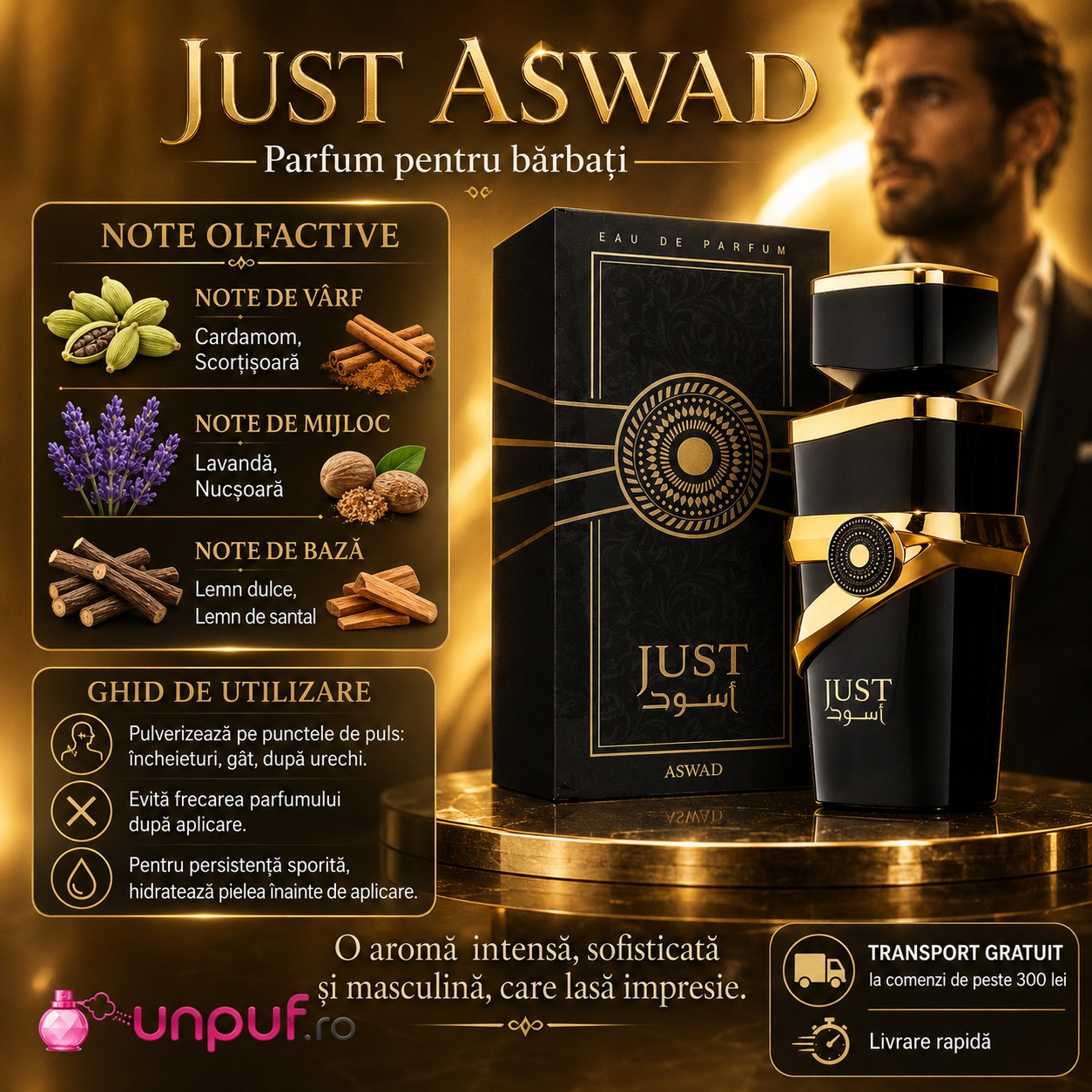 Just Aswad parfum pentru bărbați cu note de cardamom, scorțișoară, lavandă, nucșoară, lemn dulce și lemn de santal