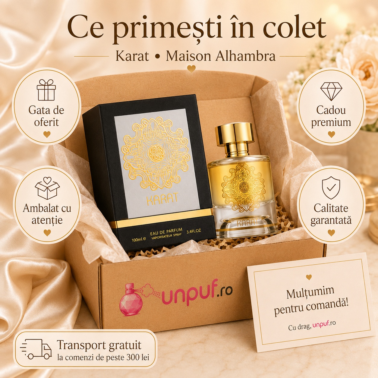 Ce primești &icirc;n colet Karat Maison Alhambra 100 ml ambalat cu atenție cadou premium unpuf.ro