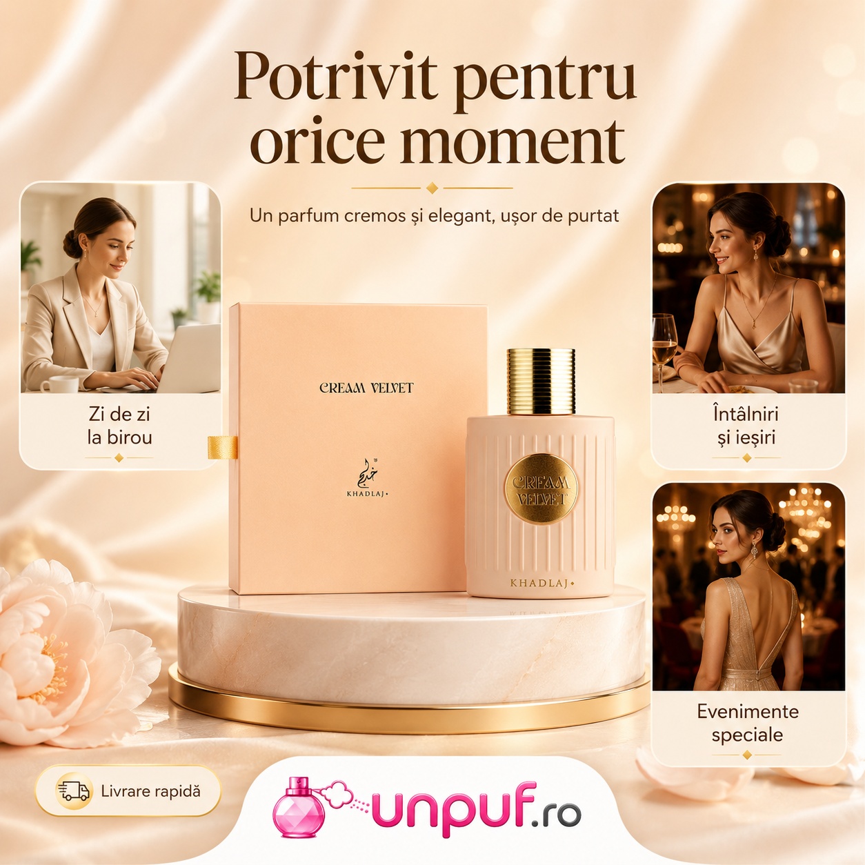 Khadlaj Cream Velvet potrivit pentru zi de zi, birou, întâlniri și evenimente speciale