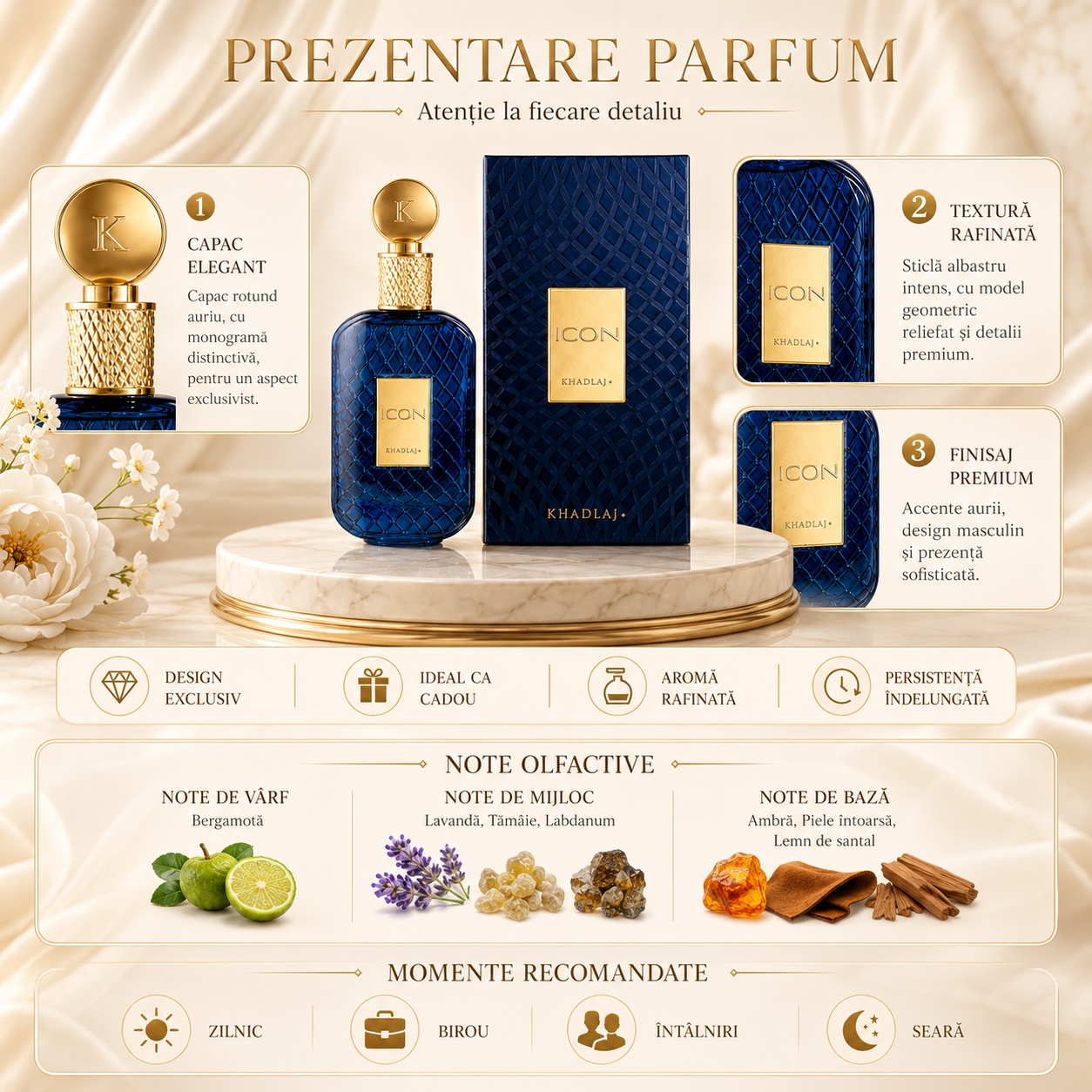 Prezentare parfum Khadlaj Icon cu note olfactive, design exclusiv și aromă rafinată masculină