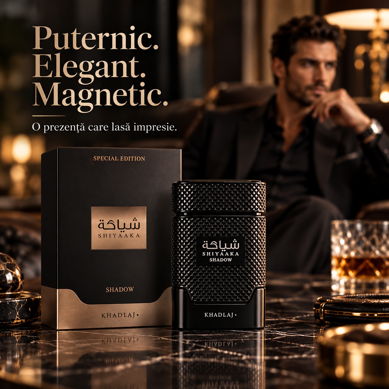 Khadlaj Shiyaaka Shadow parfum puternic elegant magnetic cu flacon negru și atmosferă masculină
