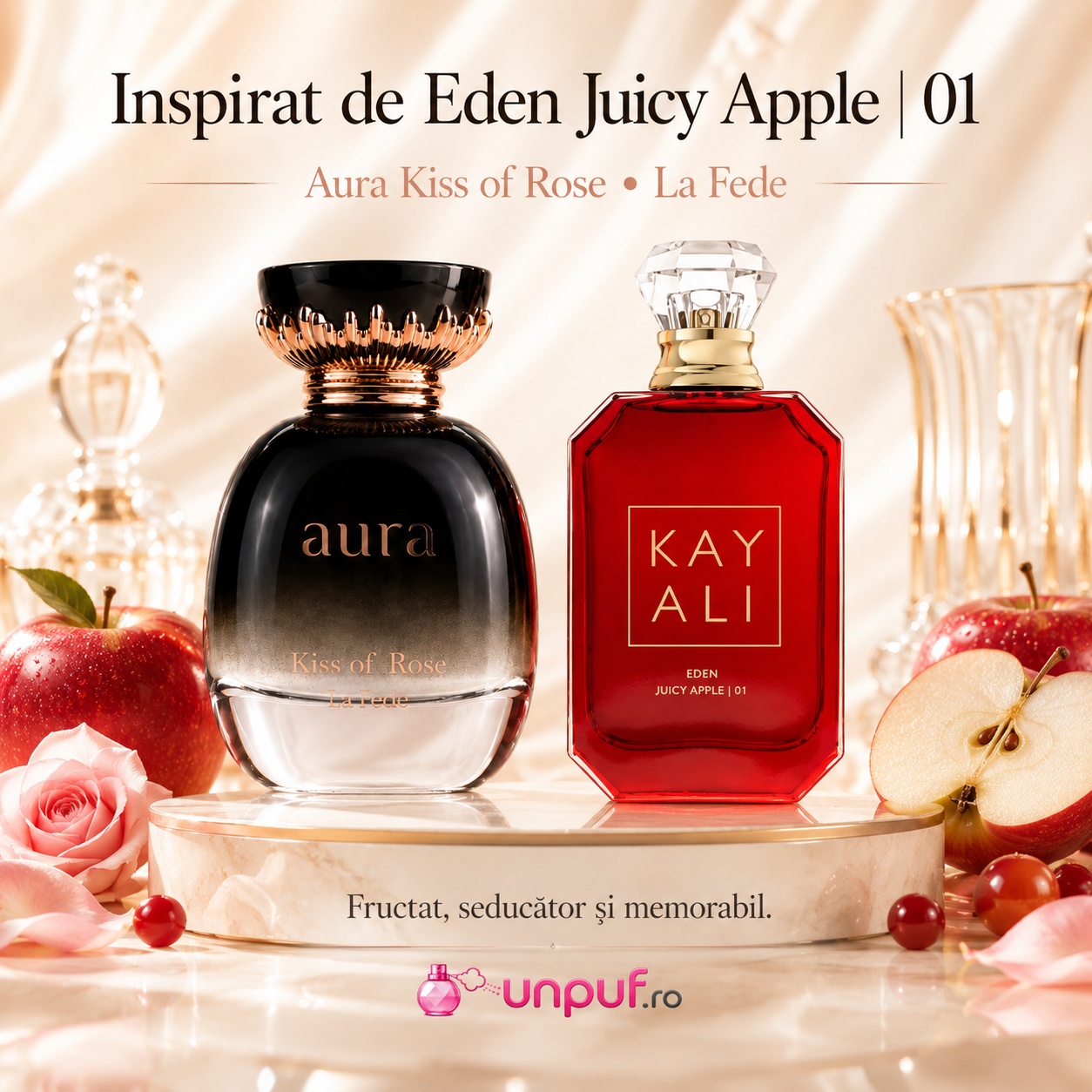 La Fede Aura Kiss Of Rose cu direcție vizuală Eden Juicy Apple 01, parfum fructat seducător și memorabil