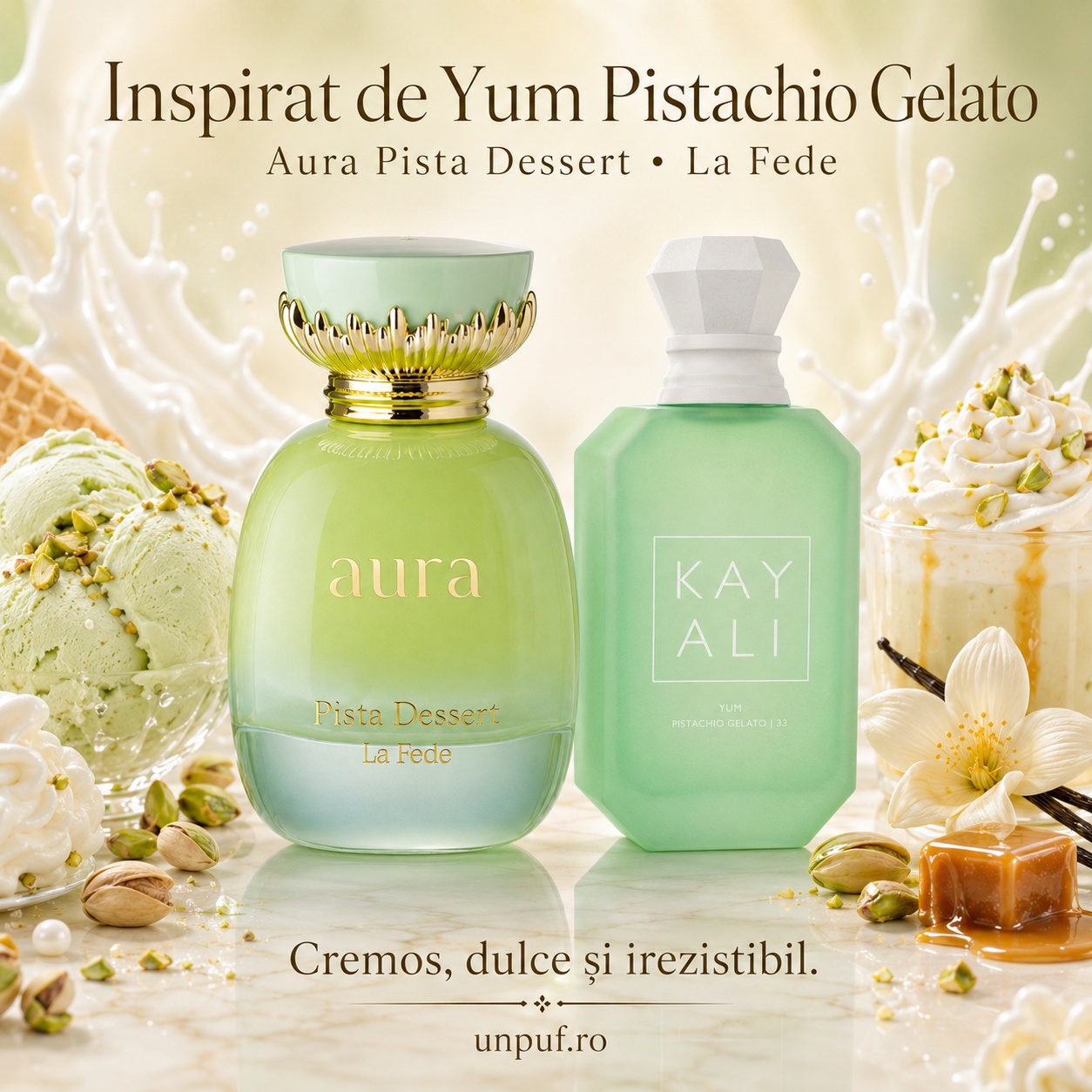 La Fede Aura Pista Desert inspirat de Yum Pistachio Gelato, parfum cremos, dulce și irezistibil
