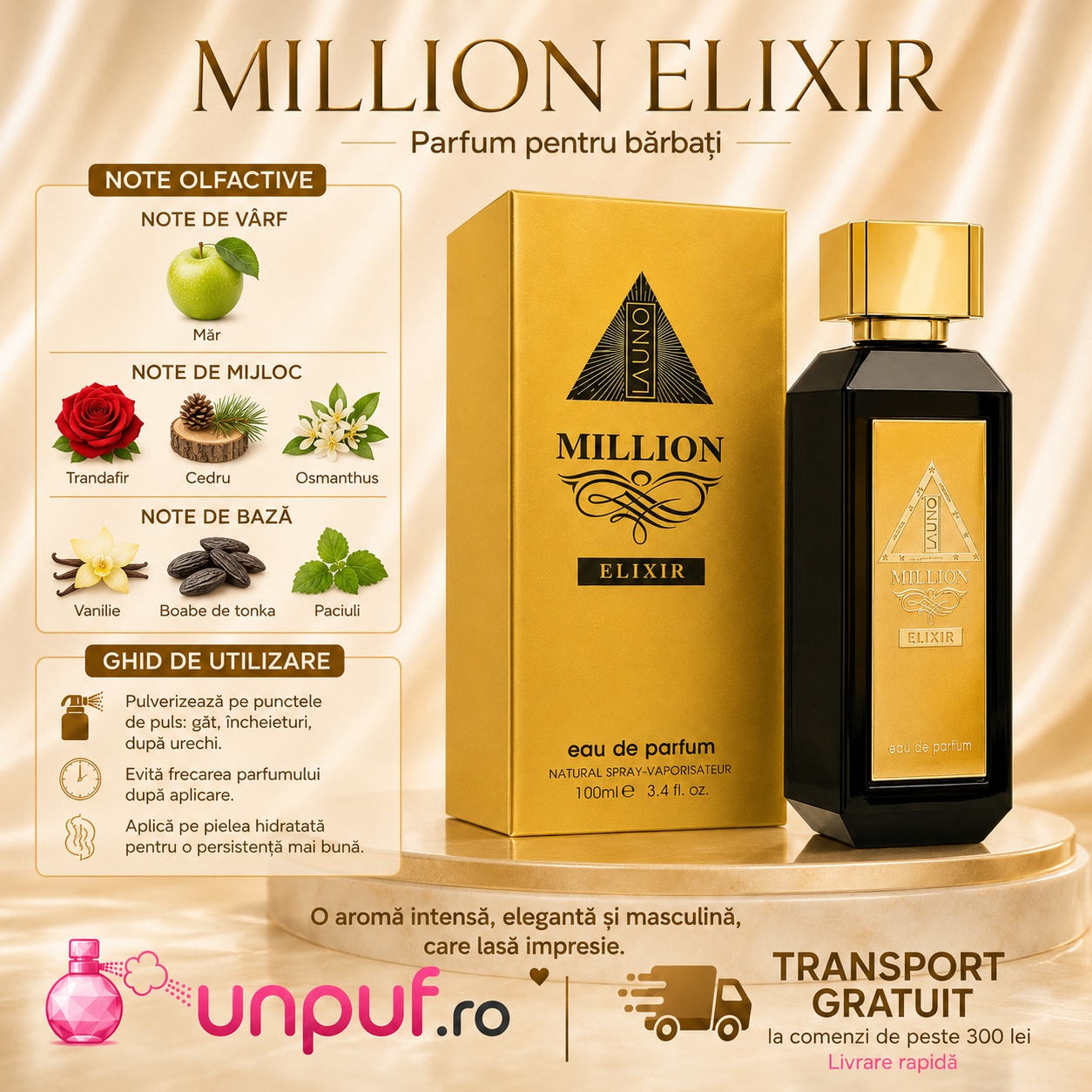 Note olfactive La Uno Million Elixir Fragrance World măr trandafir cedru osmanthus vanilie tonka paciuli