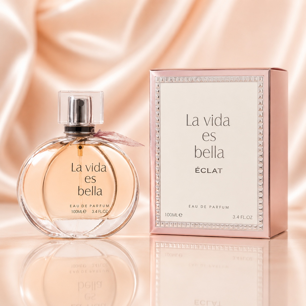 Parfum Arăbesc La Vida es Bella Fragrance World 100 ml cu flacon rotund elegant și cutie roz premium
