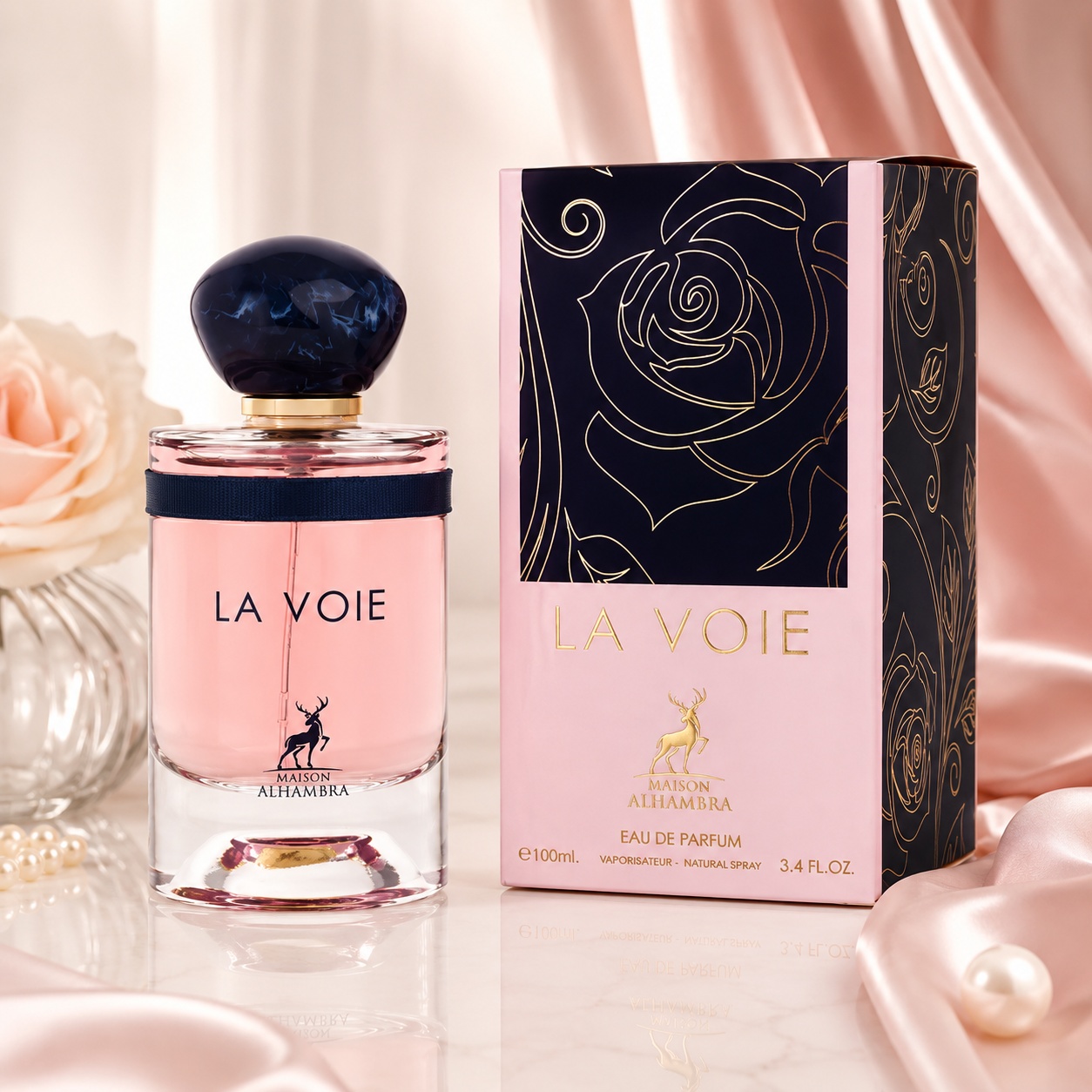 Parfum Arăbesc La Voie Maison Alhambra EDP 100 ml pentru femei cu sticlă roz și cutie premium