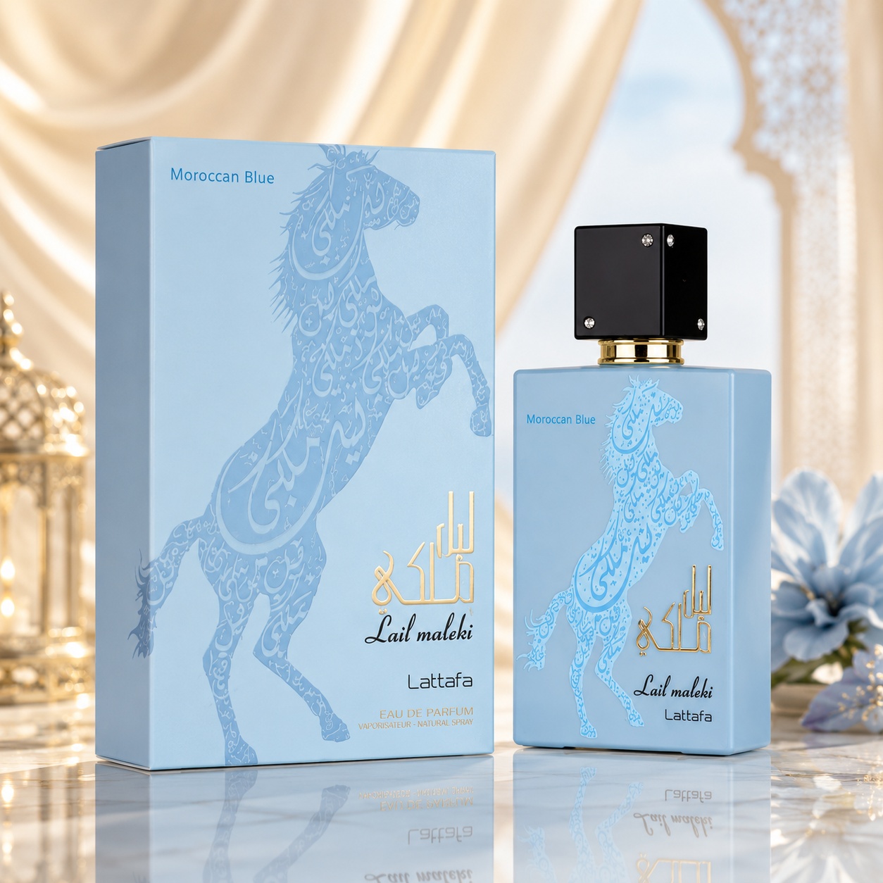 Parfum Arăbesc Lail Maleki Moroccan Blue Lattafa 100 ml bărbat cu flacon albastru și cutie premium