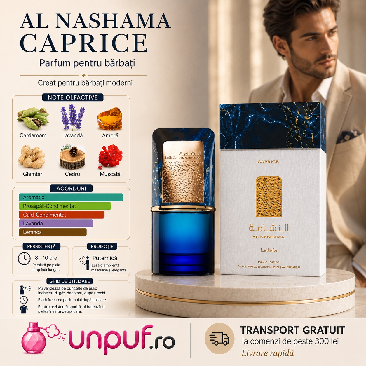 Lattafa Al Nashama Caprice parfum pentru bărbați cu aromă aromatică proaspăt condimentată și proiecție puternică