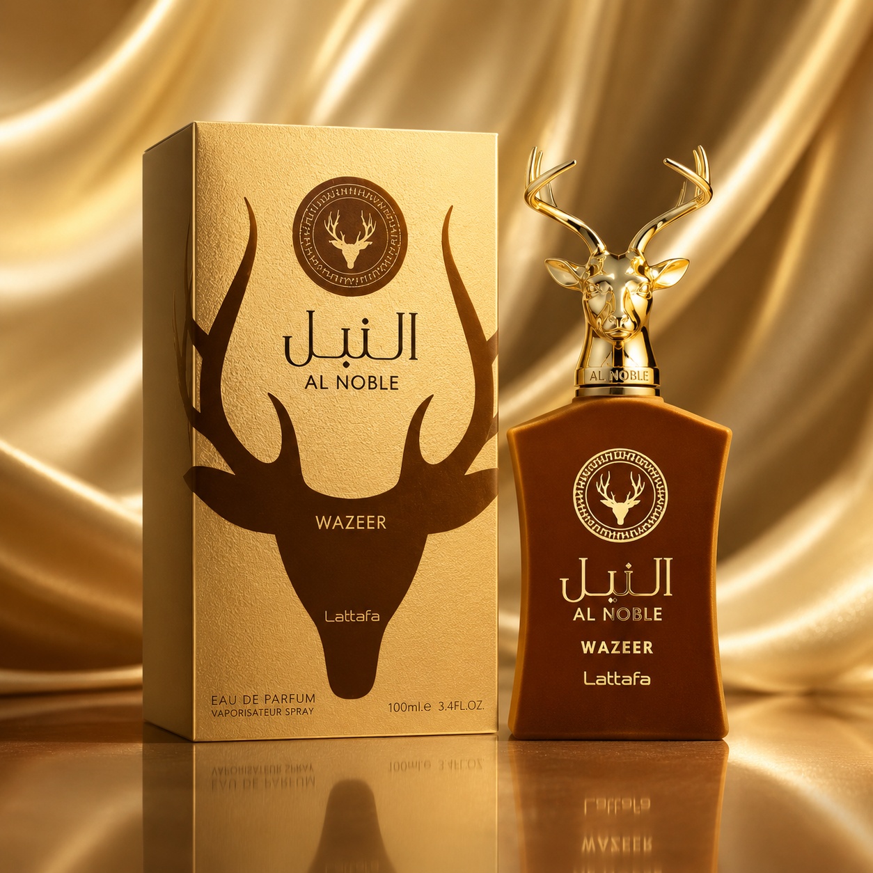 Parfum Arăbesc Lattafa Al Noble Wazeer 100 ml unisex cu flacon maro catifelat, capac auriu &icirc;n formă de cerb și cutie premium aurie