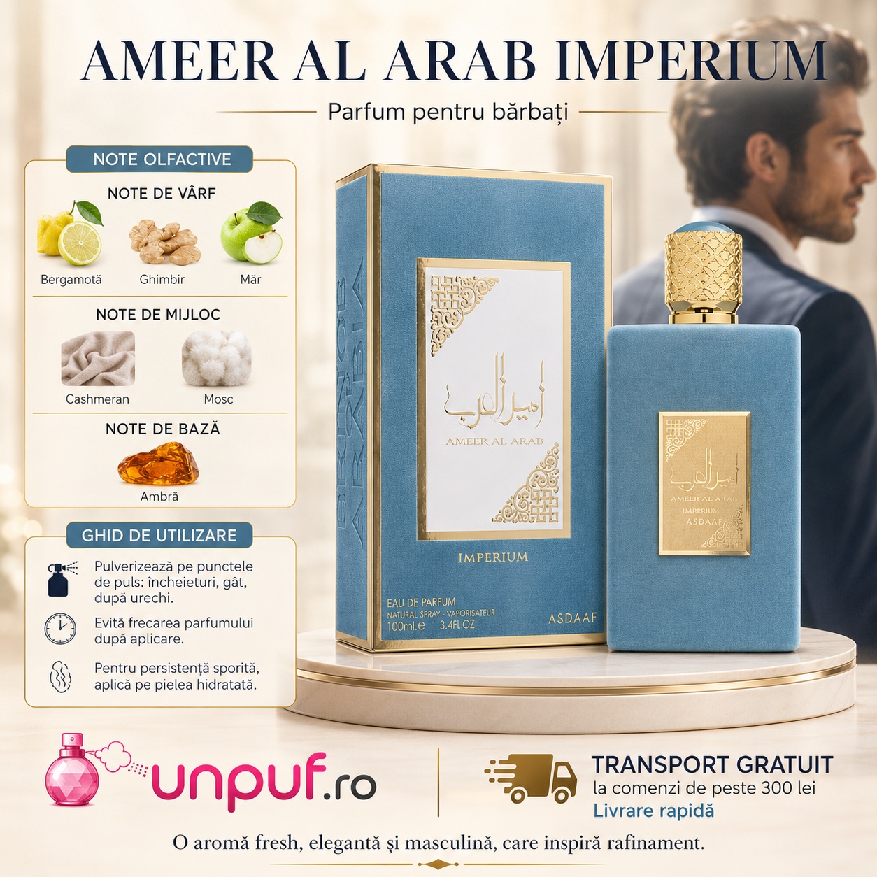 Lattafa Ameer Al Arab Imperium parfum bărbat cu note olfactive, ghid de utilizare și transport gratuit