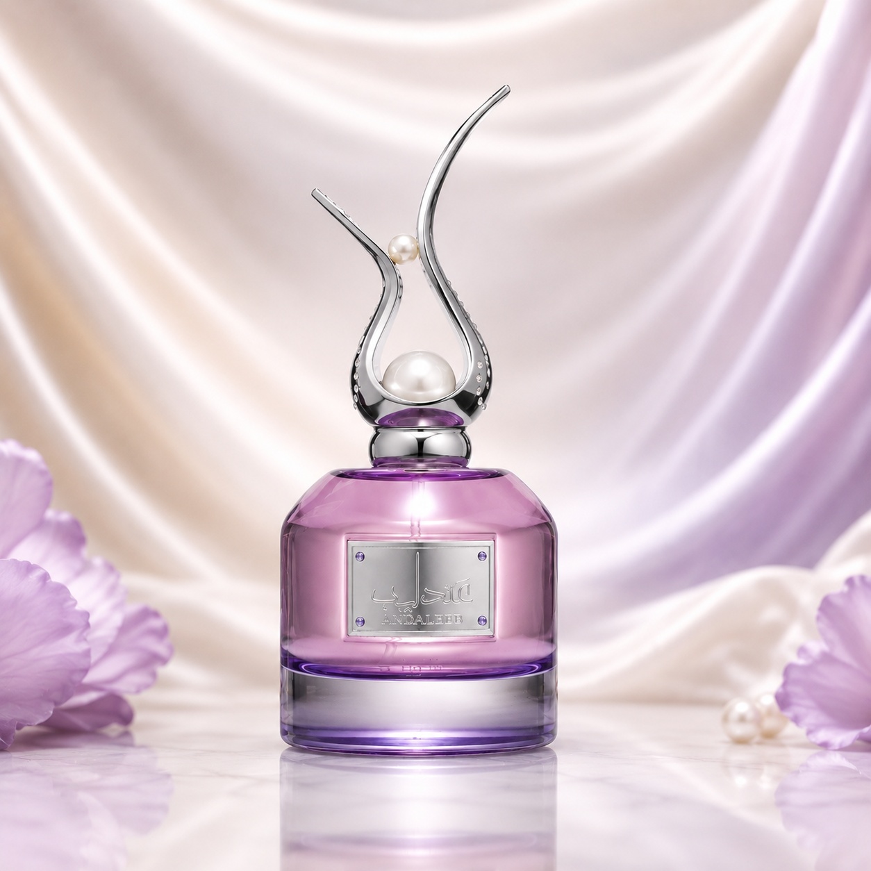 Flacon Lattafa Andaleeb Flora 100 ml parfum damă roz mov cu design elegant și capac argintiu cu perlă