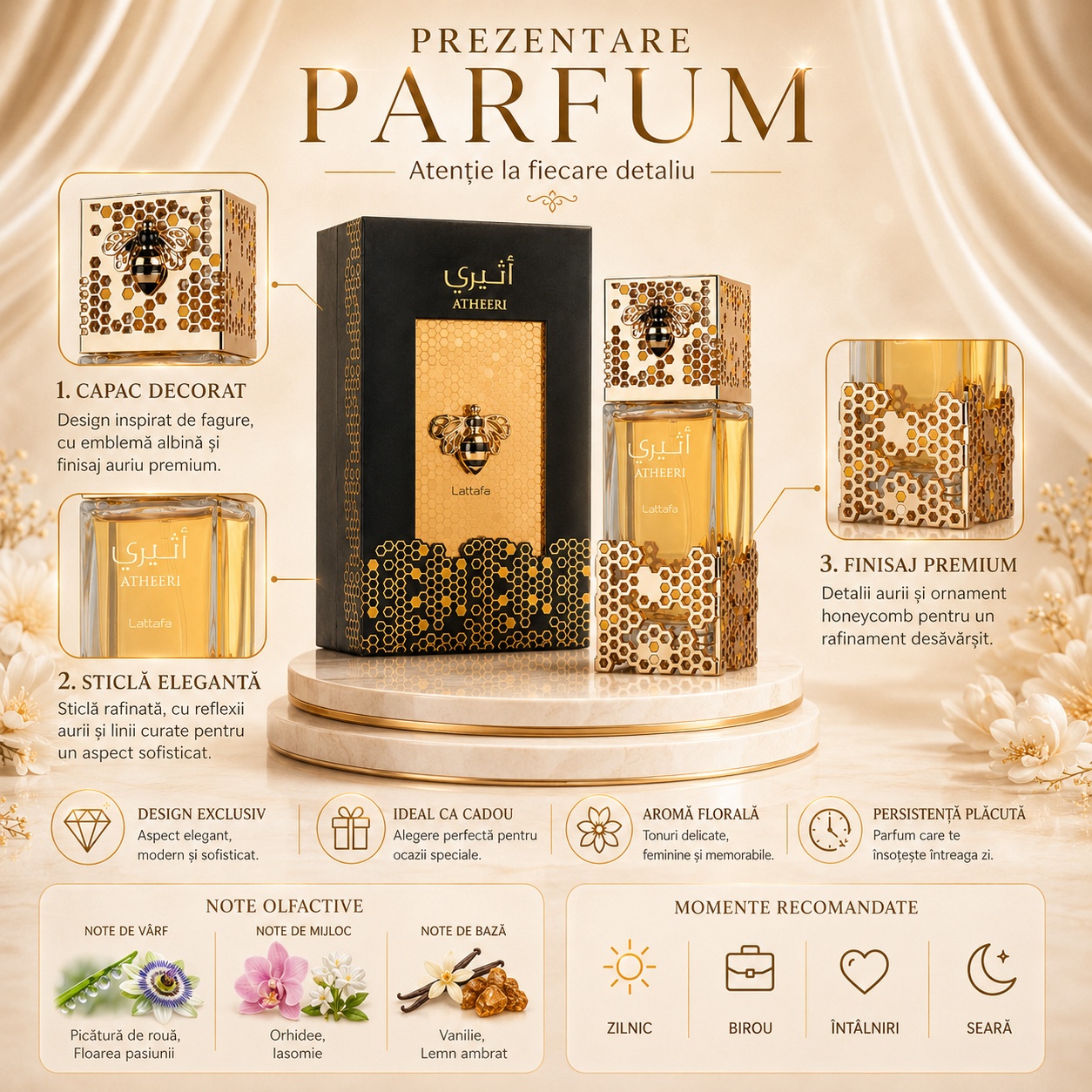 Prezentare Lattafa Atheeri parfum damă cu design exclusiv capac decorat aromă florală și persistență plăcută