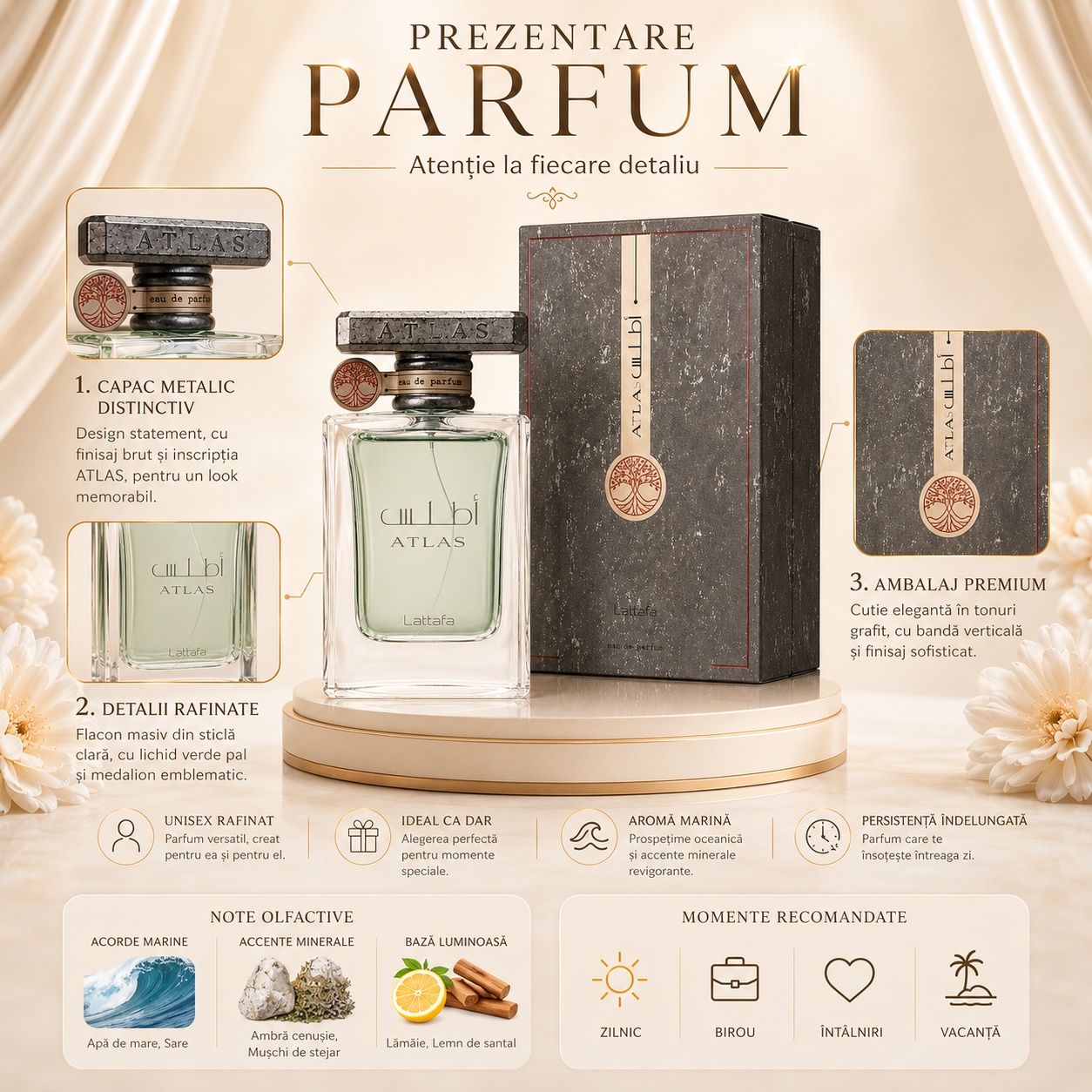 Prezentare Lattafa Atlas parfum arăbesc cu capac metalic flacon rafinat ambalaj premium aromă marină și persistență &icirc;ndelungată