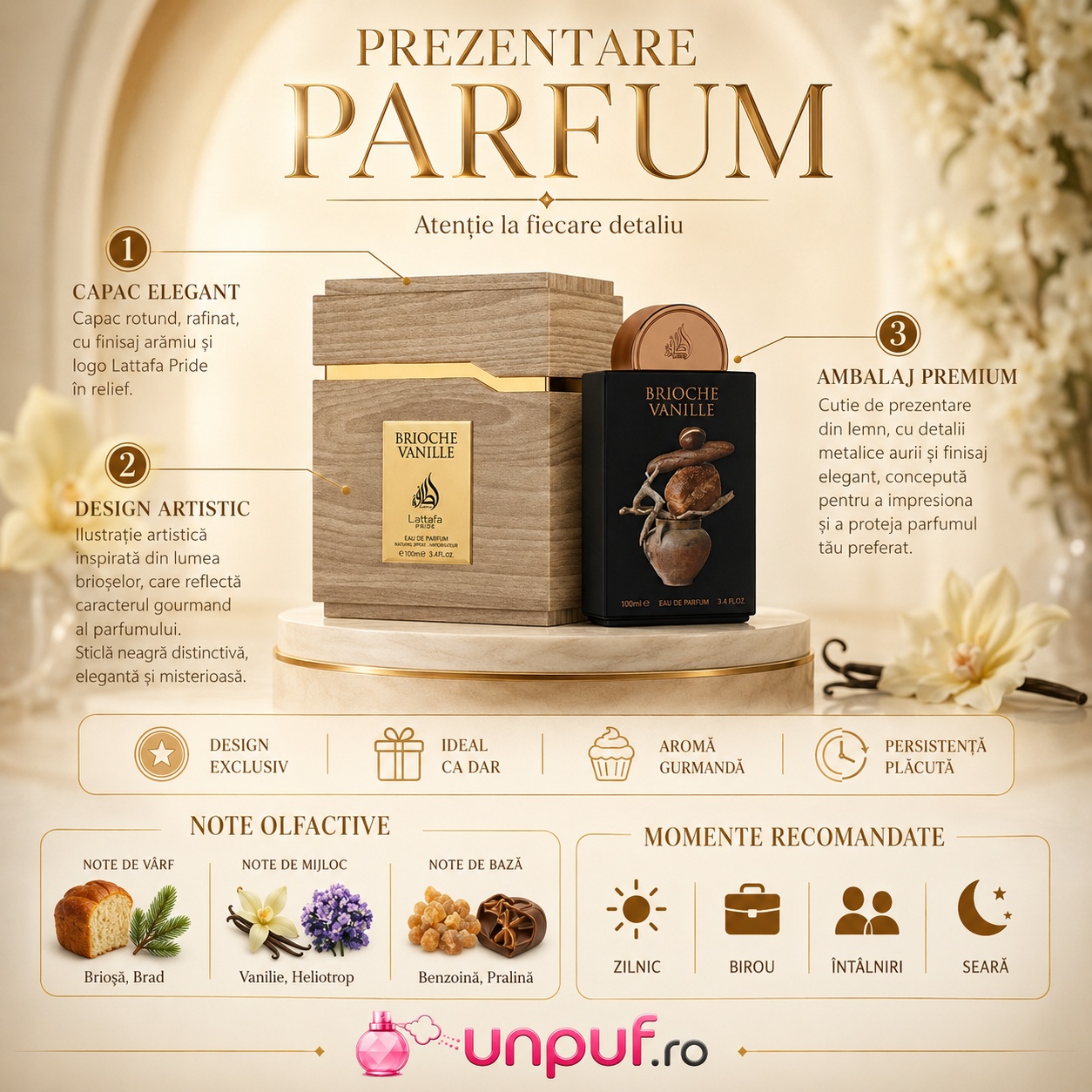 Prezentare parfum Lattafa Brioche Vanille cu capac elegant design artistic ambalaj premium aromă gurmandă și persistență plăcută