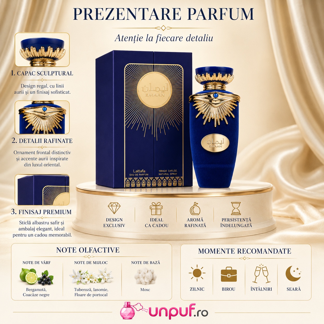 Prezentare parfum Lattafa Emaan cu capac sculptural detalii aurii flacon albastru safir aromă rafinată și persistență îndelungată