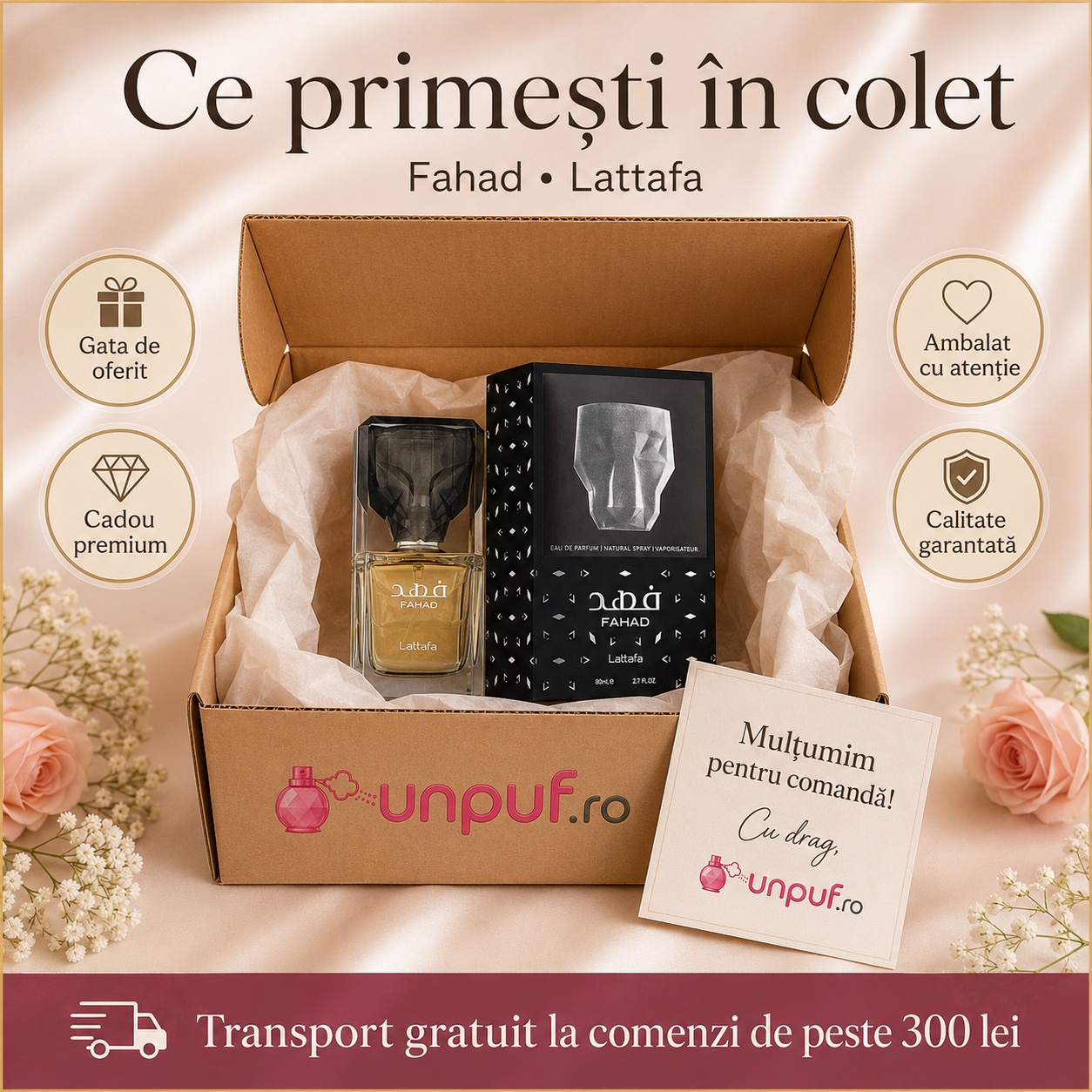 Ce primești în colet Lattafa Fahad 80 ml, parfum sigilat și ambalat cu atenție, gata de oferit cadou