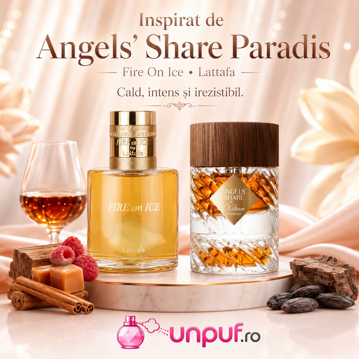 Lattafa Fire On Ice parfum inspirat din Angels Share Paradis cu aromă caldă intensă și irezistibilă