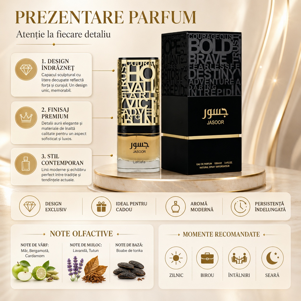 Prezentare Lattafa Jasoor parfum bărbătesc cu design îndrăzneț finisaj premium aromă modernă și persistență îndelungată