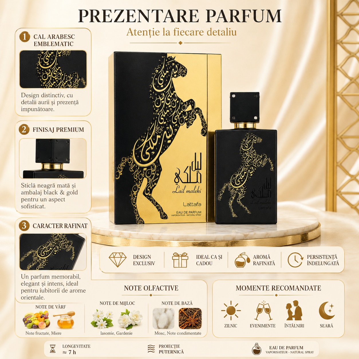 Prezentare Lattafa Lail Maleki parfum arăbesc unisex cu cal arabesc emblematic finisaj premium aromă rafinată și persistență &icirc;ndelungată