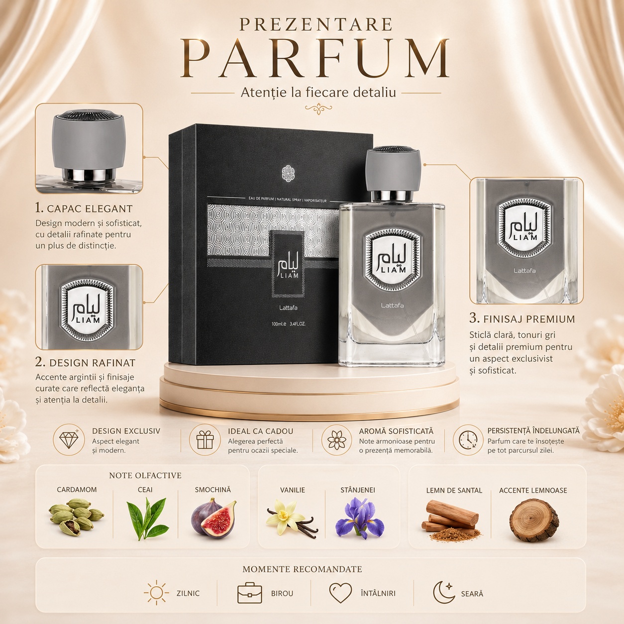 Prezentare parfum Lattafa Liam Grey cu capac elegant design rafinat note de cardamom ceai smochină vanilie santal și iris