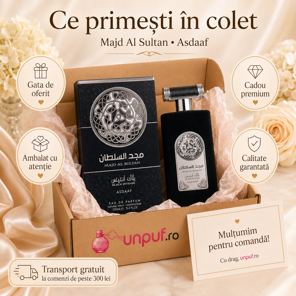 Ce primești în colet Lattafa Majd Al Sultan Black 100 ml parfum arăbesc bărbătesc ambalat cu atenție gata de oferit cadou