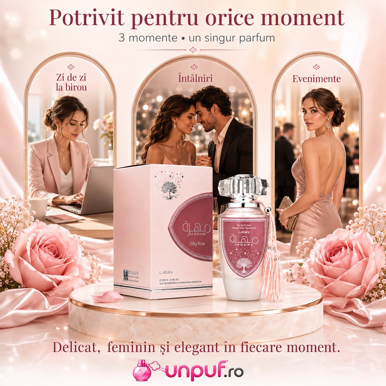 Lattafa Mohra Silky Rose parfum potrivit pentru zi de zi la birou &icirc;nt&acirc;lniri și evenimente elegante pentru femei