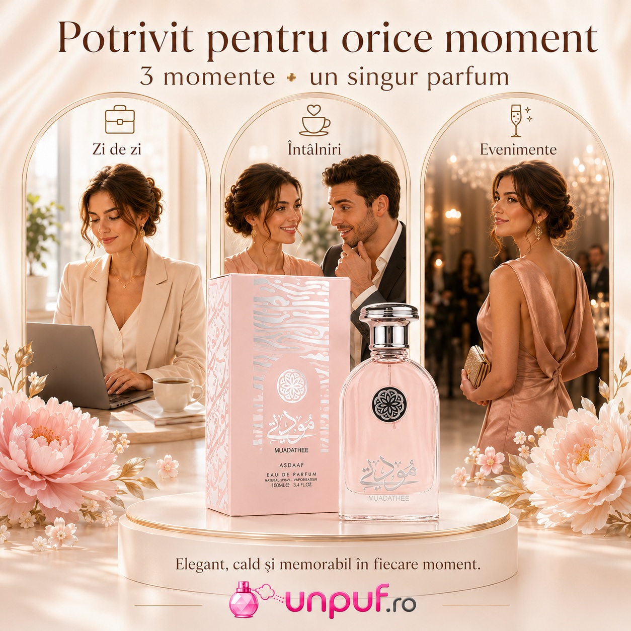 Prezentare parfum Lattafa Muadathee cu flacon roz, cutie elegantă, note olfactive și design premium