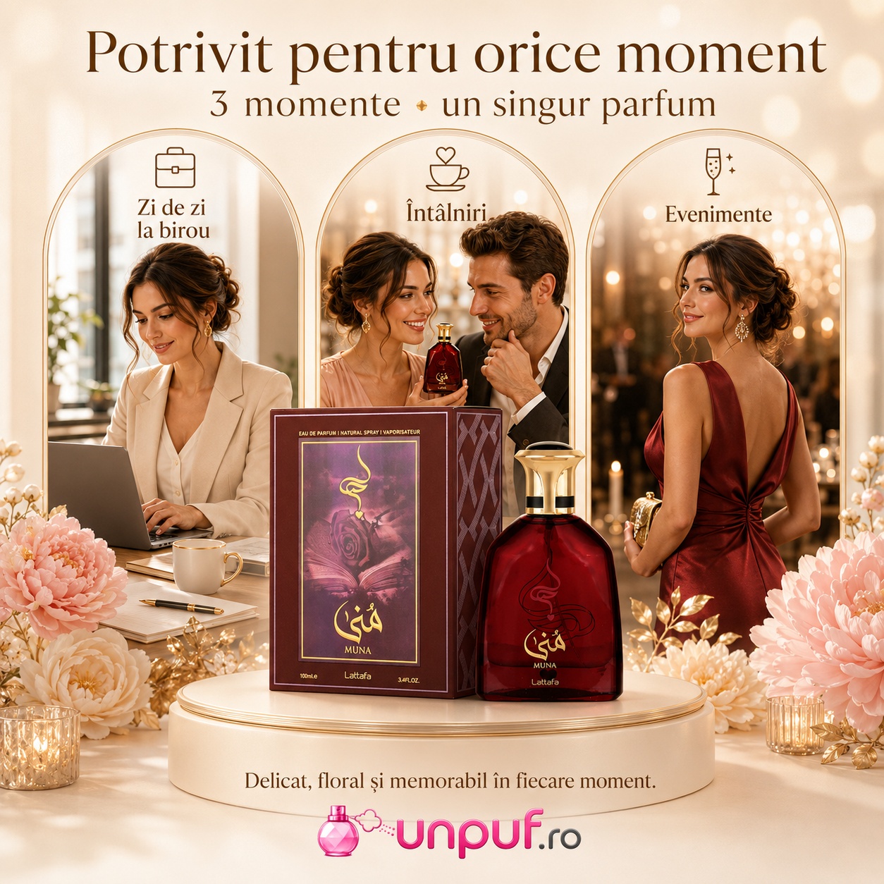 Lattafa Muna parfum potrivit pentru zi de zi la birou &icirc;nt&acirc;lniri și evenimente cu aromă delicată florală și memorabilă