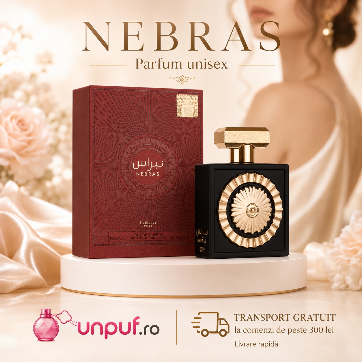 Lattafa Nebras parfum unisex cu flacon negru auriu, cutie burgundy și prezentare elegantă pentru damă și bărbat