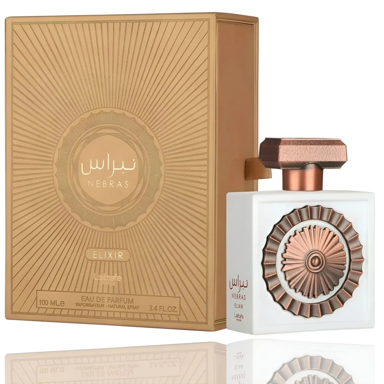 Parfum Lattafa Nebras Elixir 100 ml apă de parfum pentru damă cu flacon original alb și cutie aurie Lattafa