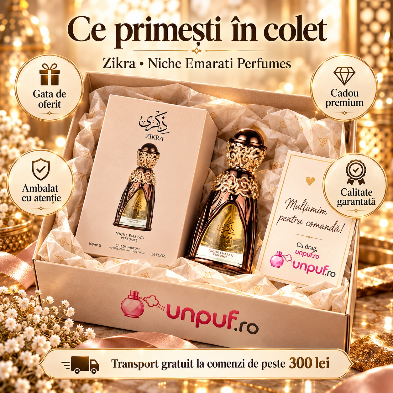 Ce primești în colet Lattafa Niche Emarati Zikra Eau de Parfum 100 ml ambalat premium pentru cadou