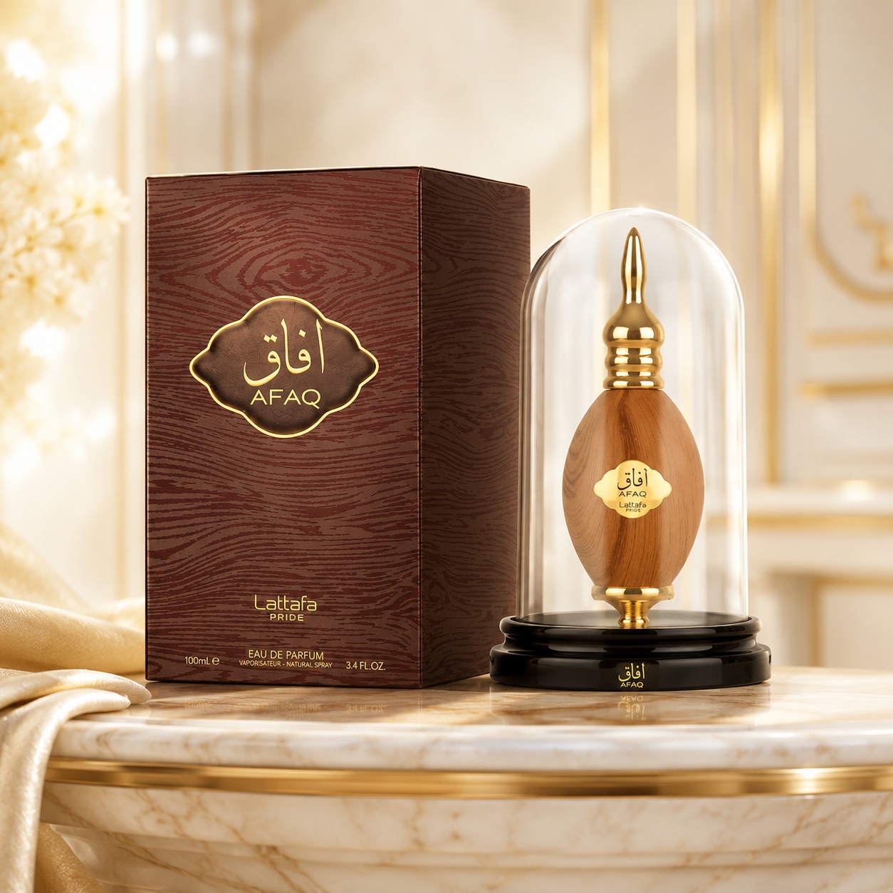 Parfum Arăbesc Lattafa Pride Afaq EDP 100 ml Bărbat cu sticlă sub clopot de sticlă și cutie premium