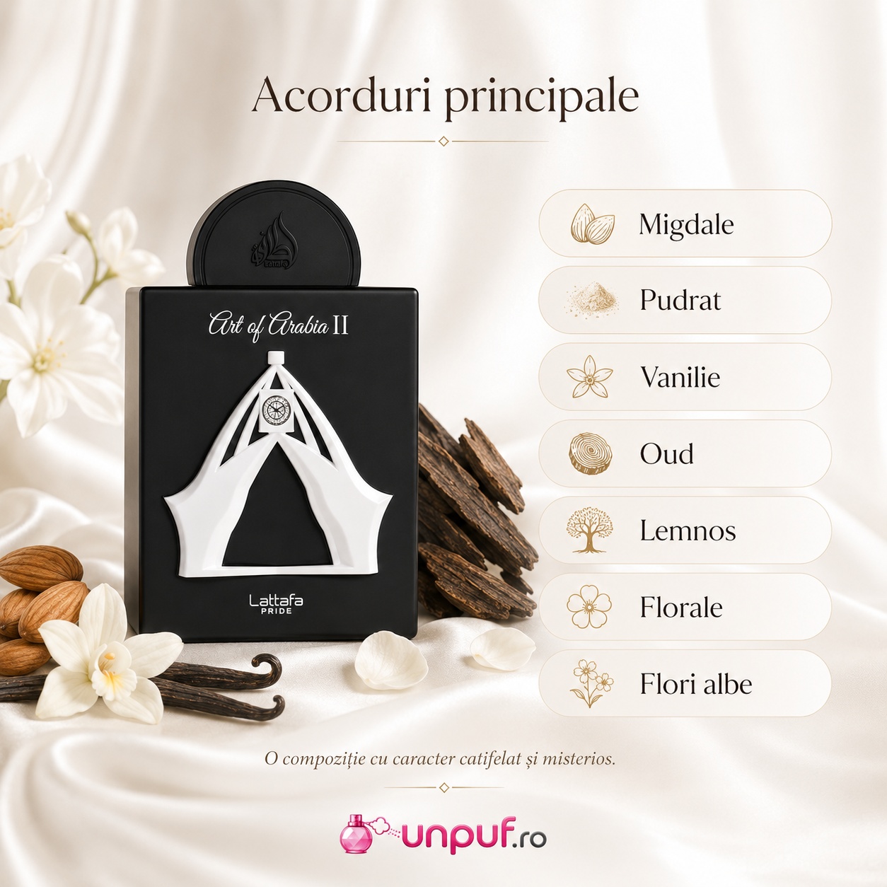 Acorduri principale Lattafa Pride Art Of Arabia II migdale pudrat vanilie oud lemnos floral și flori albe