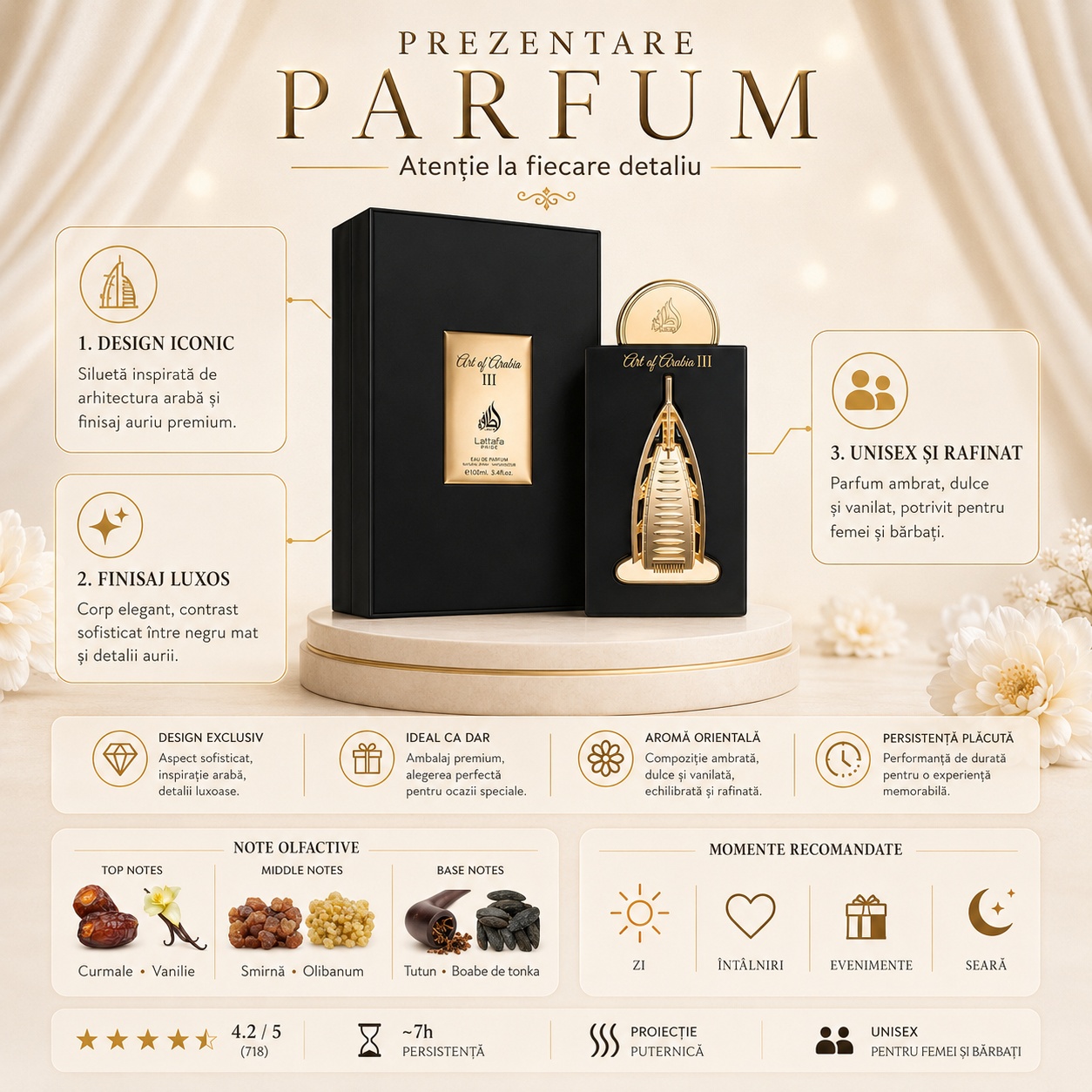 Prezentare Lattafa Pride Art of Arabia III parfum unisex cu design iconic, finisaj luxos, note de curmale, vanilie, smirnă, tăm&acirc;ie, tutun și tonka