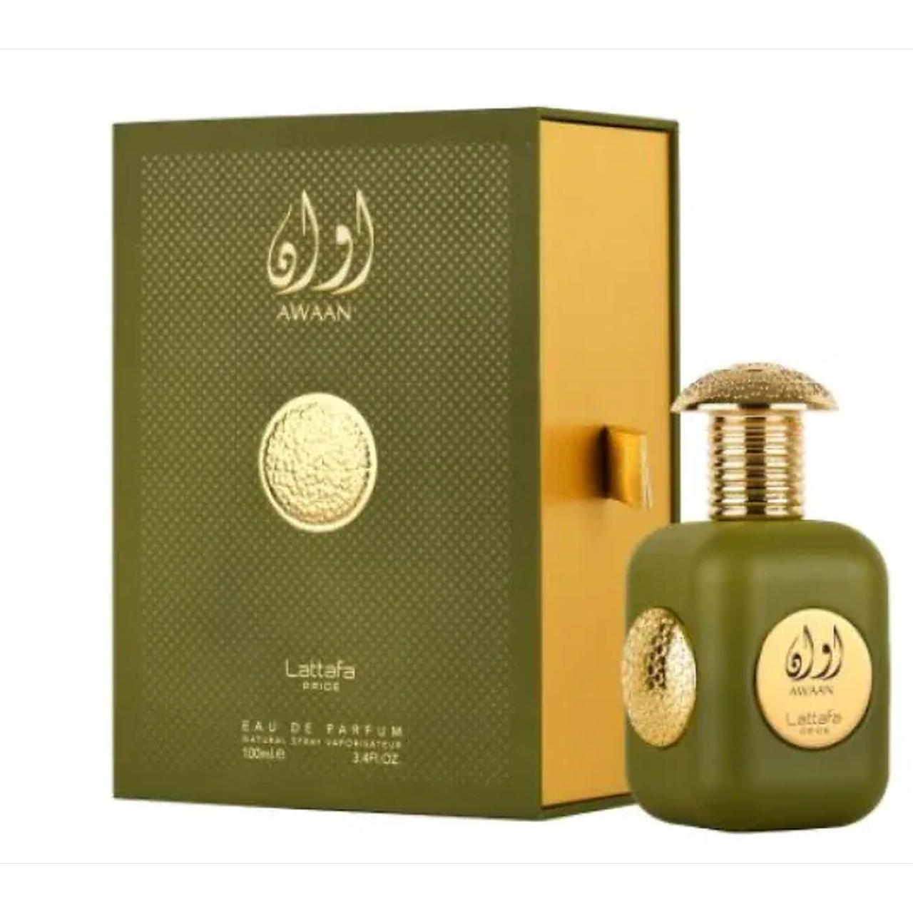 Lattafa Pride Awaan Gold 100 ml sticlă și cutie produs pe fundal alb