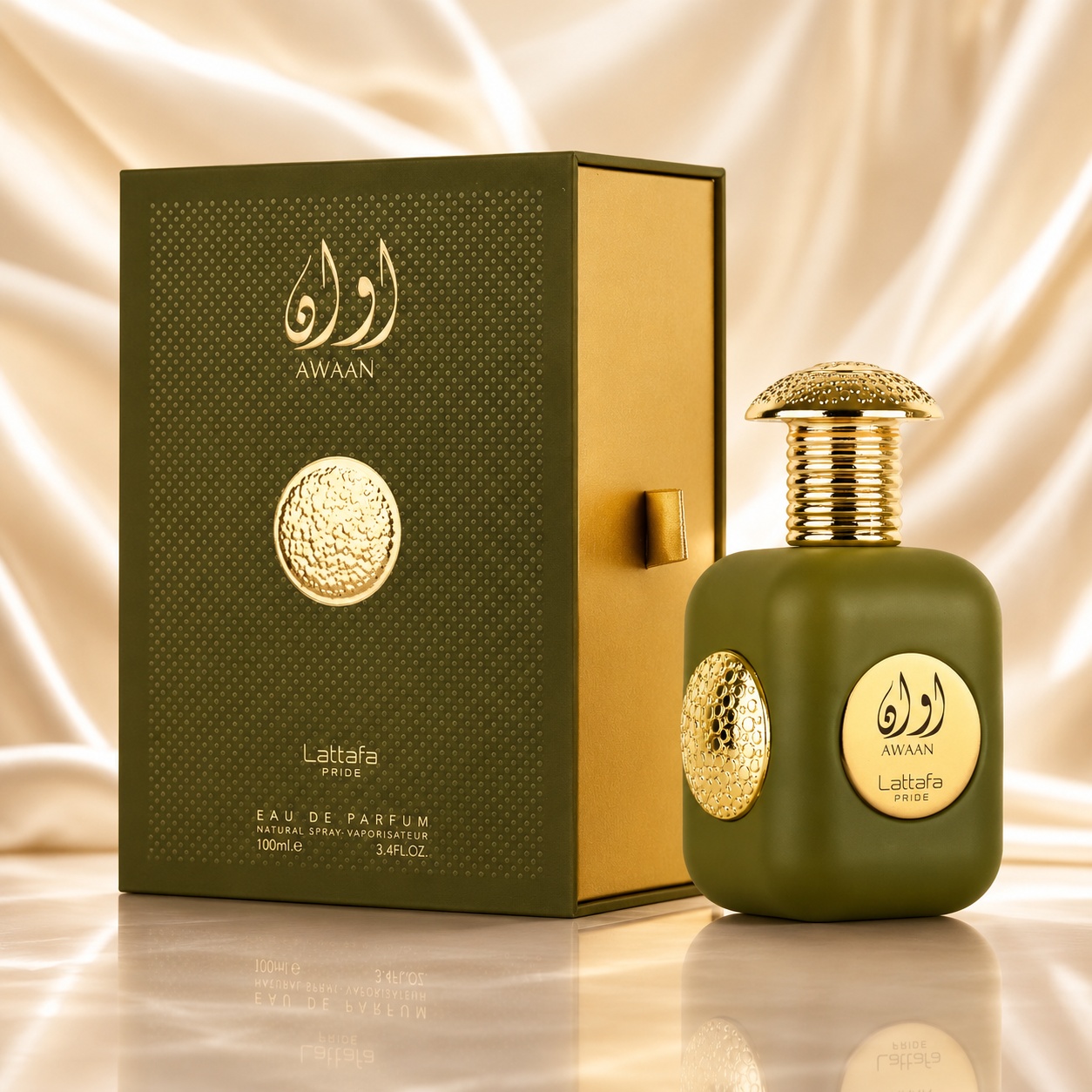 Parfum Arăbesc Lattafa Pride Awaan Gold EDP 100 ml Unisex cu sticlă verde olive și cutie premium aurie