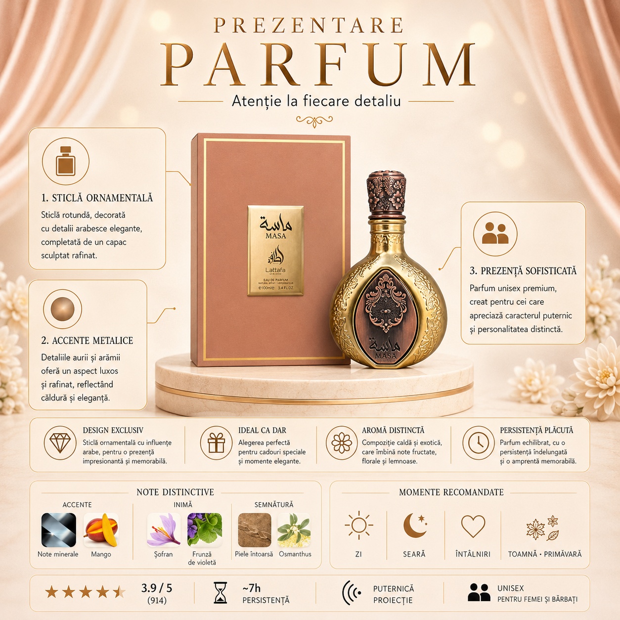 Prezentare parfum Lattafa Pride Masa cu sticlă ornamentală, accente metalice, note minerale, mango, șofran, frunze de violetă, piele întoarsă și osmanthus
