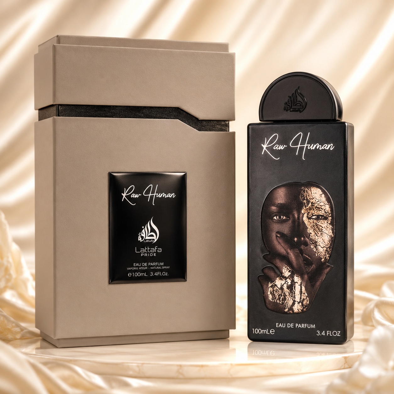 Parfum Arăbesc Lattafa Pride Raw Human EDP 100 ml Unisex cu sticlă neagră și cutie taupe premium