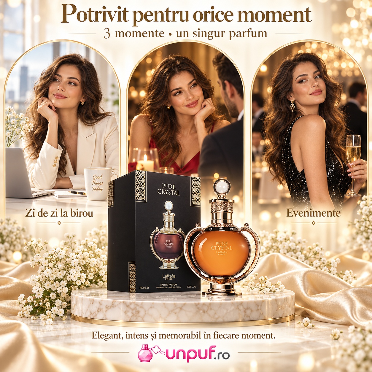 Lattafa Pure Crystal potrivit pentru birou, întâlniri, seară și evenimente elegante