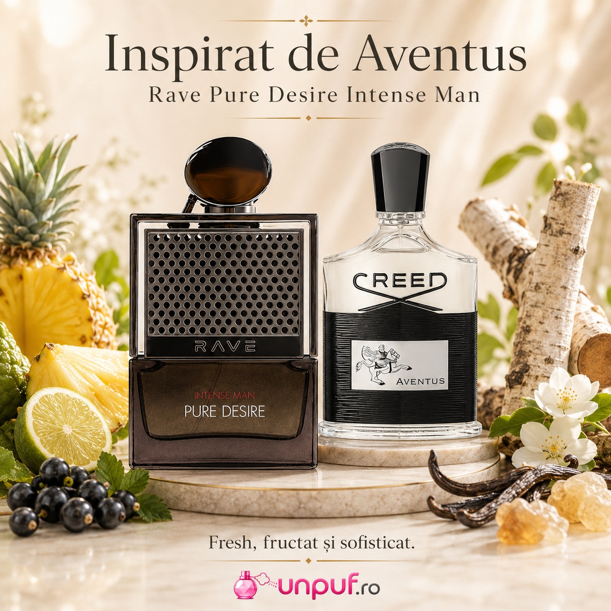 Lattafa Pure Desire Intense Man inspirat din Aventus, parfum bărbătesc fresh, fructat și sofisticat