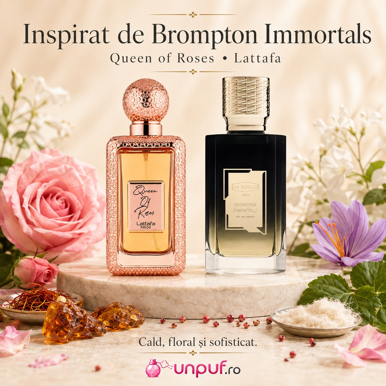 Lattafa Queen Of Roses parfum inspirat de Brompton Immortals cu aromă caldă, florală și sofisticată