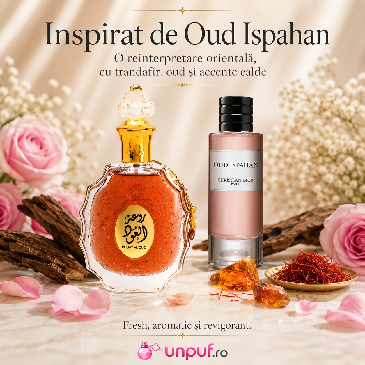 Lattafa Rouat Al Oud inspirat de Oud Ispahan, reinterpretare orientală cu trandafir, oud și accente calde