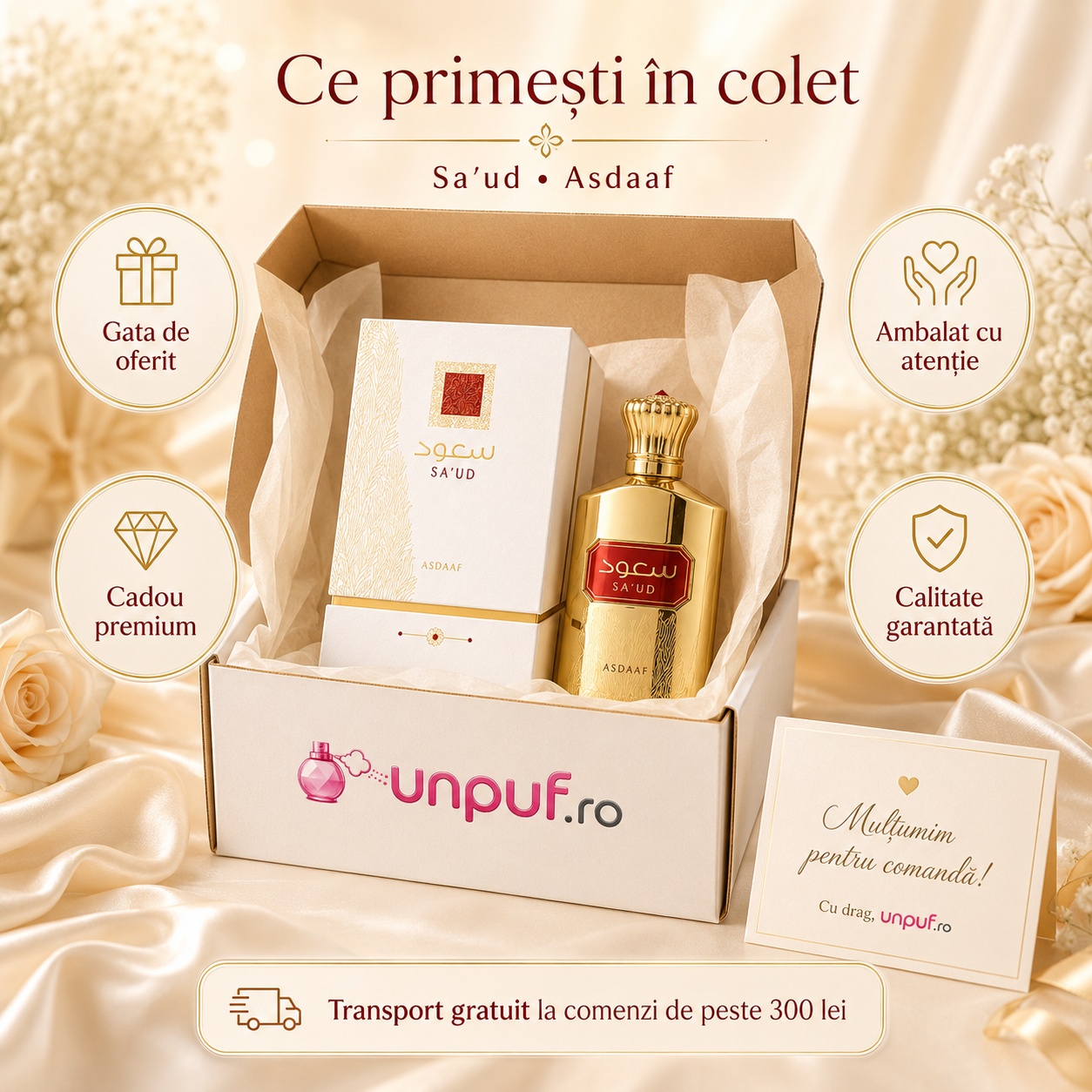 Ce primești &icirc;n colet Lattafa Saud parfum arabesc unisex ambalat cu atenție de unpuf.ro cadou premium transport gratuit peste 300 lei