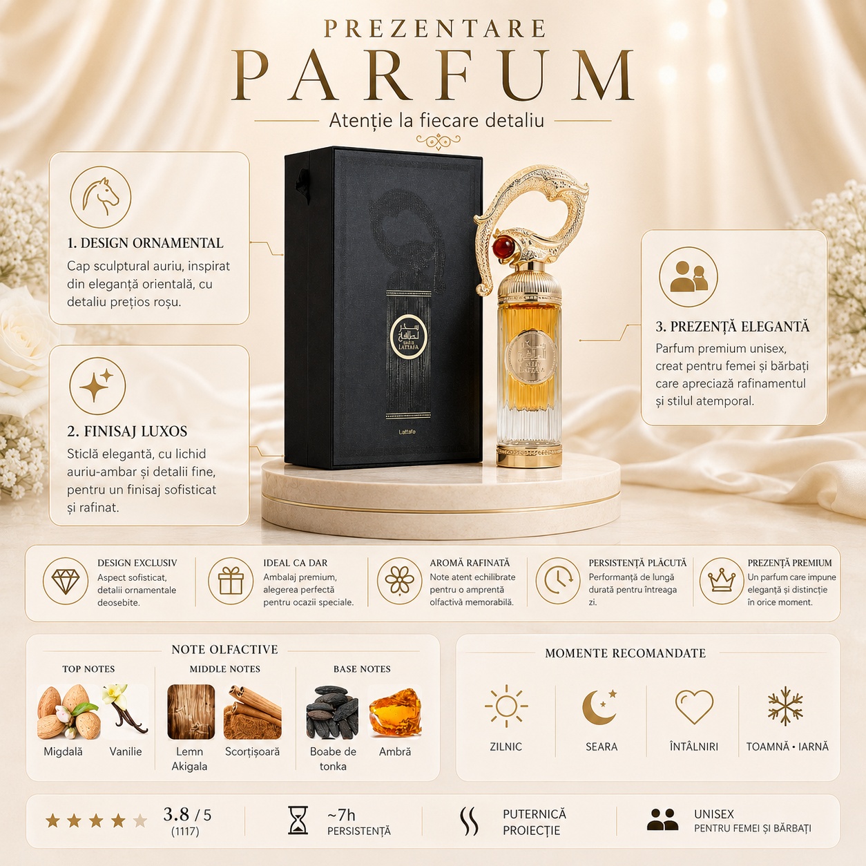 Prezentare Lattafa Sehr parfum unisex cu design ornamental, finisaj luxos, note de migdală, vanilie, lemn Akigala, scorțișoară, boabe de tonka și ambră
