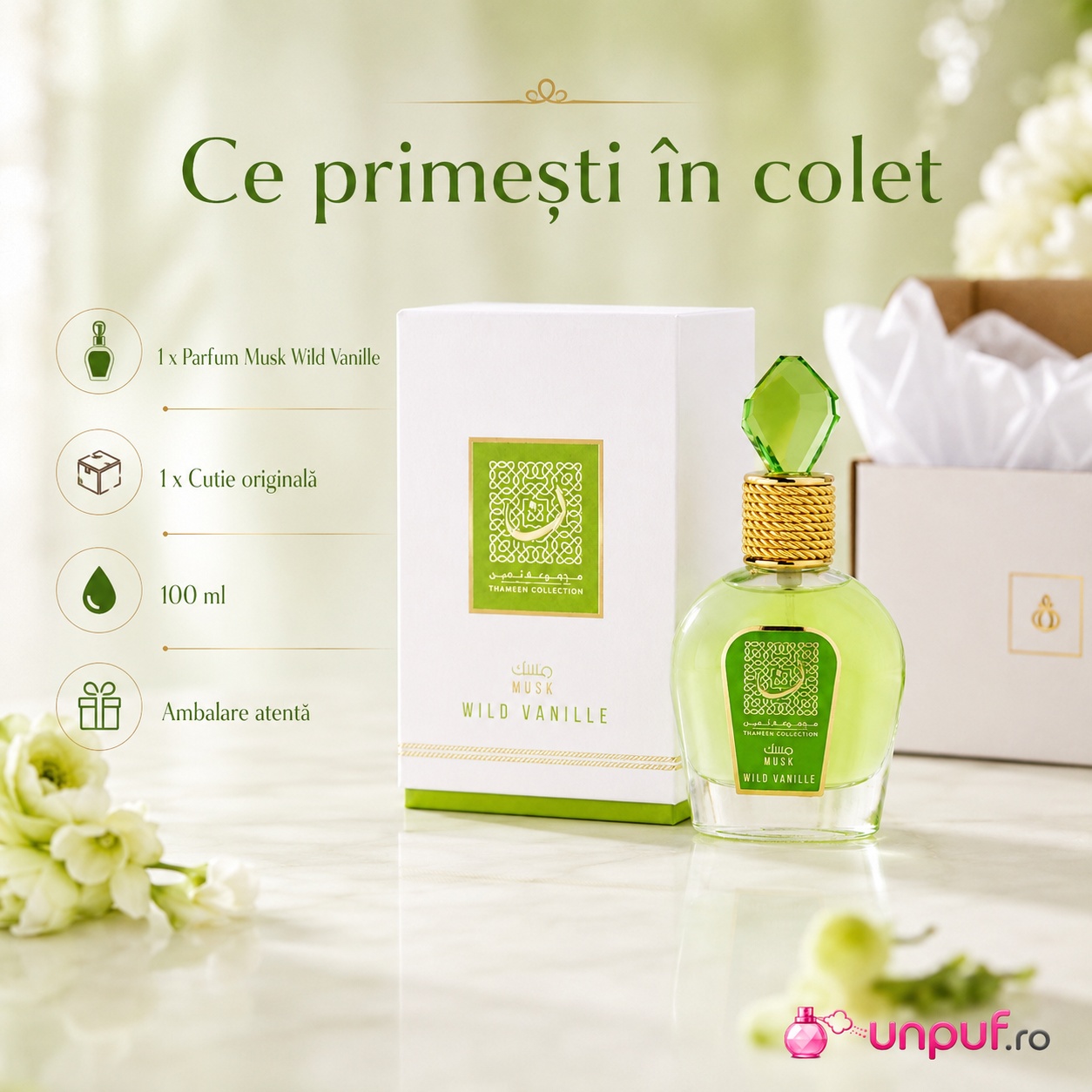 Ce primești &icirc;n colet Lattafa Thameen Wild Vanille parfum arabesc unisex 100 ml cutie originală și ambalare atentă