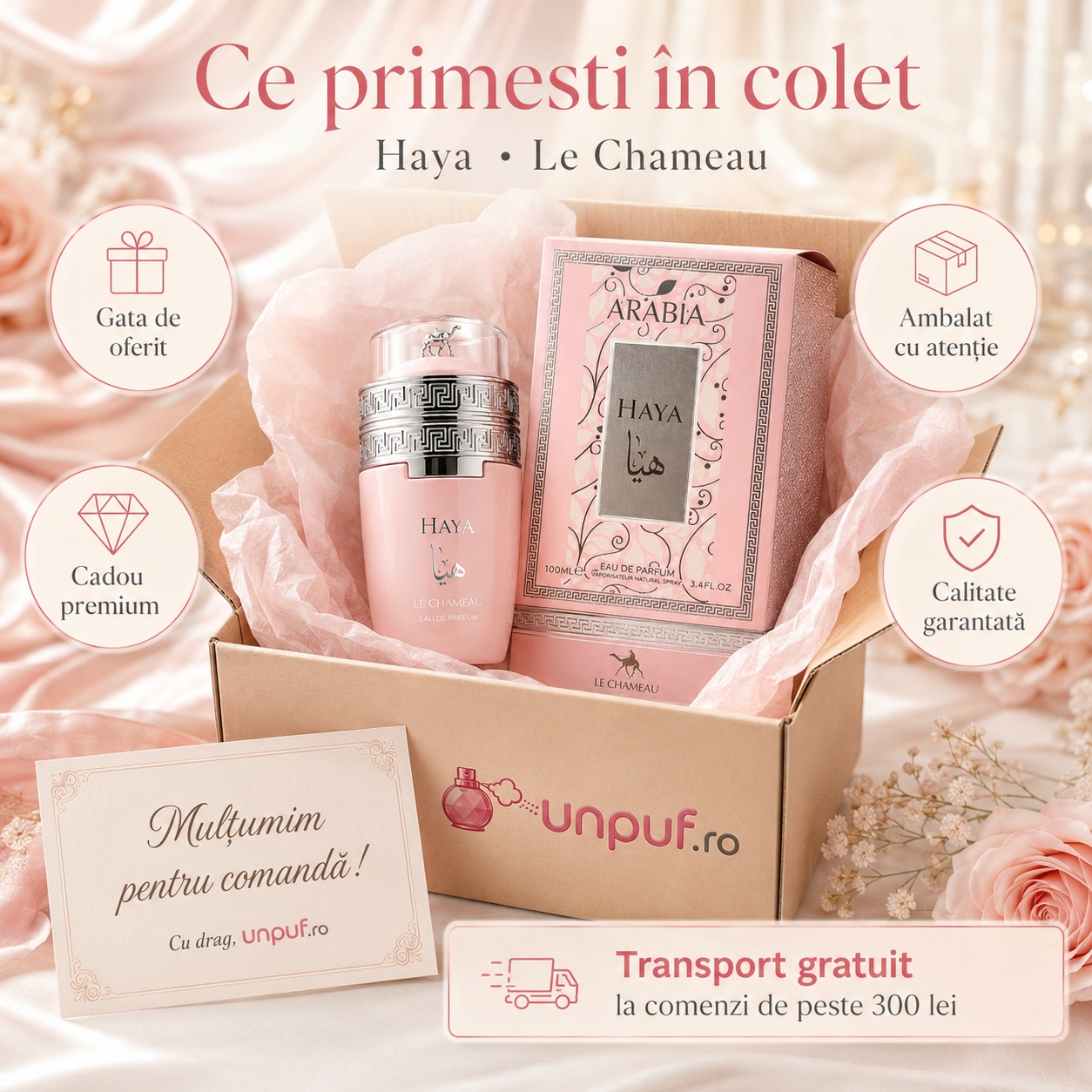 Ce primești &icirc;n colet Le Chameau Arabia Haya parfum arabesc de damă ambalat cu atenție de unpuf.ro