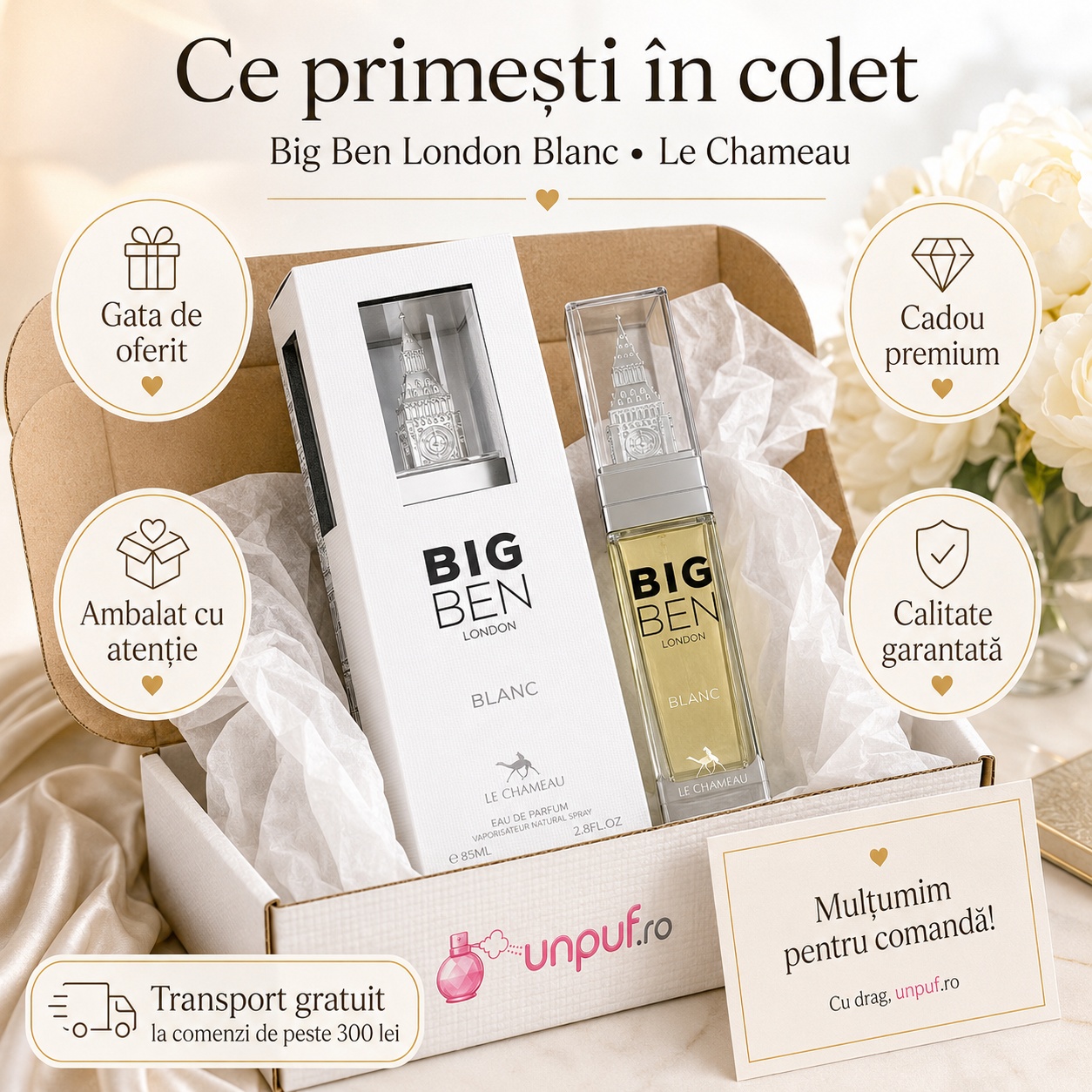 Ce primești &icirc;n colet Le Chameau Big Ben London Blanc parfum arabesc unisex ambalat cu atenție de unpuf.ro