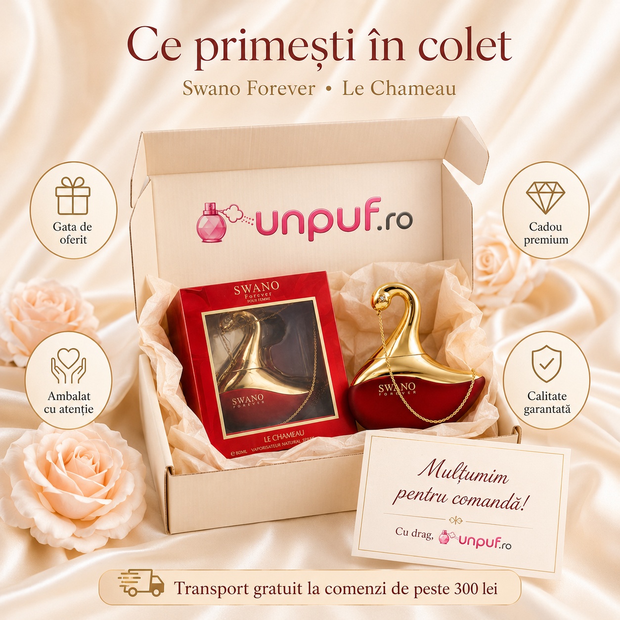 Ce primești &icirc;n colet Le Chameau Swano Forever parfum arabesc de damă ambalat cu atenție de unpuf.ro